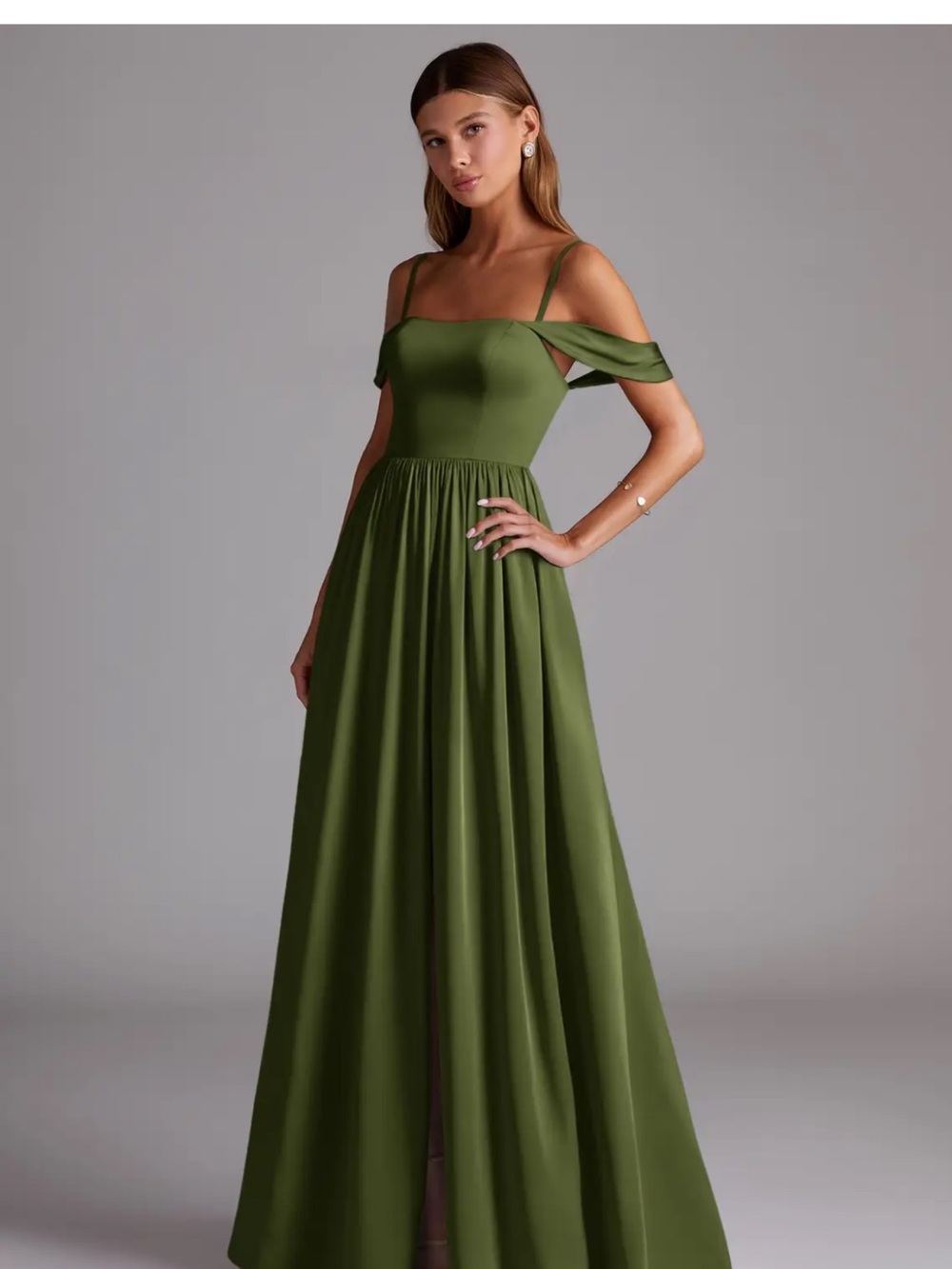 Azazie Olive Green Off-Shoulder Spaghetti Strap Maxi Dress